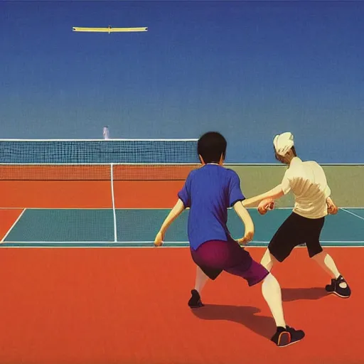 Image similar to a colorful illustration of men playing badminton, by kawase hasui, Edward Hopper and James Gilleard, Zdzislaw Beksinski, Steven Outram colorful flat surreal design, hd, 8k, artstation