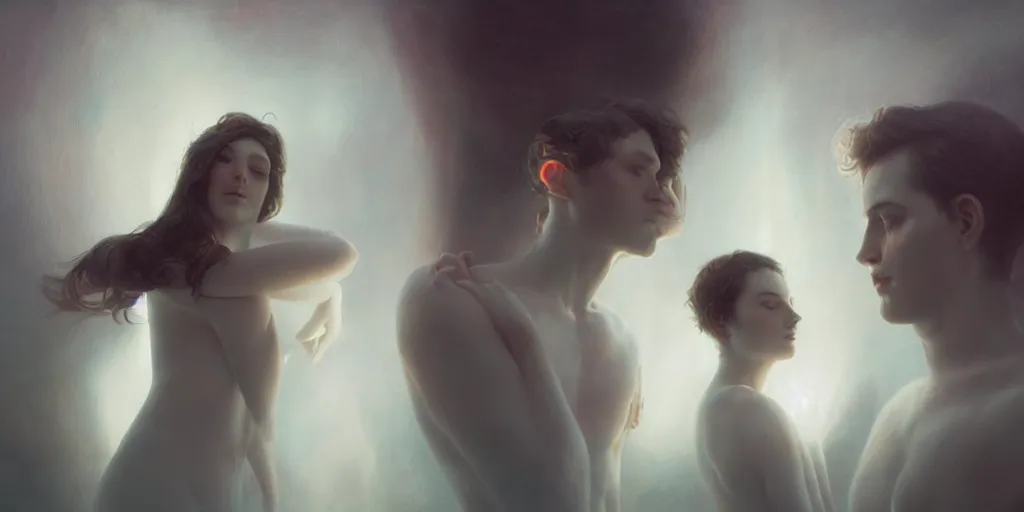 Prompt: The lovers, Tom Bagshaw, 8k, photorealism, global illumination, volumetric lighting, CGsociety, radiant light