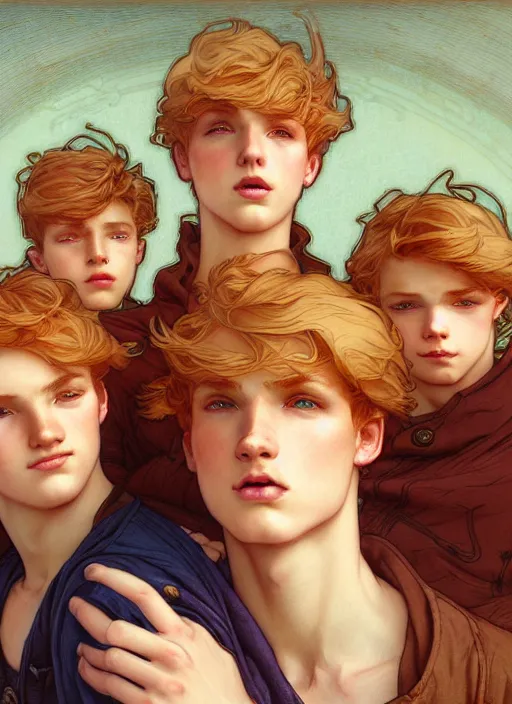 Prompt: close up portrait of mischievous male teen triplets, three teenagers - blond boy, brunette boy and redhead boy, ambercrombie by artgerm, cushart krenz, greg rutkowski, mucha. art nouveau. gloomhaven, tropical atmosphere, natural tones, vibrant colors, sharp edges. ultra clear detailed. 8 k. elegant, intricate, octane render