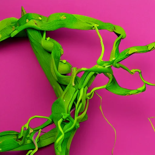 Image similar to studio photograph of a thin green vine creature with vine limbs and a pink blooming flower bulb with many sharp teeth