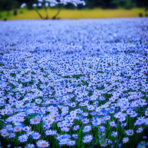 Image similar to field of light blue and white daisies, matte painting