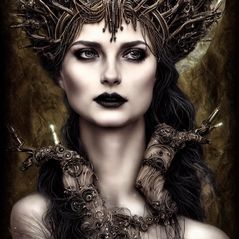 Image similar to mindblowing portrait of the enchantress queen, a stunning timeless beauty, breathtaking eyes, perfect skin, feathered eyelashes, royal gothic dress with a lot of leather, heavy silent hill aesthetic, incredibly intricate, digital art, blender, houdini & photoshop, very elegant & complex, hyper-maximalist, overdetailed, epic cinematic quality, biblical art lighting, photorealistic, lifelike, OLED, DSLR HDR 8k, face is the focus, facial feature symmetry, hyper composed, created by Nixeu & z--ed from deviantart