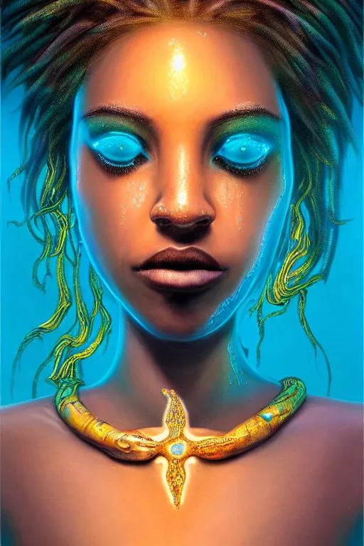 Image similar to hyperrealistic precisionist whole body cinematic bioluminescent very expressive! oshun goddess underwater scene, gold jewerly, highly detailed face, digital art masterpiece, smooth eric zener cam de leon, dramatic pearlescent turquoise light on one side, low angle uhd 8 k, shallow depth of field