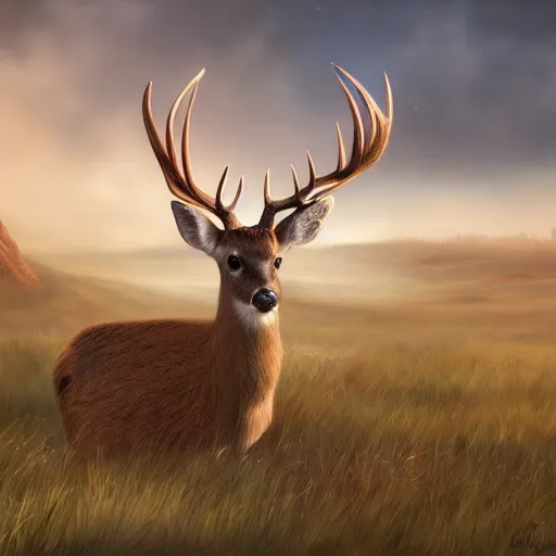 Image similar to deer looking in a distance landscape photprealism ultradetailed digital art, irina french, heraldo ortega, mandy jurgens, golden ratio, art canvas, award winning, masterpiece trending on artstation 8 k 1 5 0 mpx