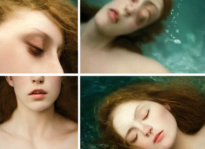 Image similar to Kodak Portra 400, 8K, soft light, volumetric lighting, highly detailed, britt marling style 3/4 by Giovanni Gastel , extreme Close-up portrait photography of a beautiful woman how pre-Raphaelites with her eyes closed,inspired by Ophelia by Martin Stranka , the face emerges from water of Pamukkale, underwater face, hair are intricate with highly detailed realistic beautiful brunches and flowers like crown, Realistic, Refined, Highly Detailed, soft blur background, outdoor soft pastel lighting colors scheme, outdoor fine art photography, Hyper realistic, photo realistic