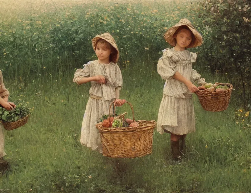 Image similar to 3 peasant girl picking vegetables from garden, cottage core, cinematic focus, polaroid photo bleached vintage pastel colors high - key lighting, soft lights, foggy, by steve hanks, by lisa yuskavage, by serov valentin, by tarkovsky, 8 k render, detailed, oil on canvas