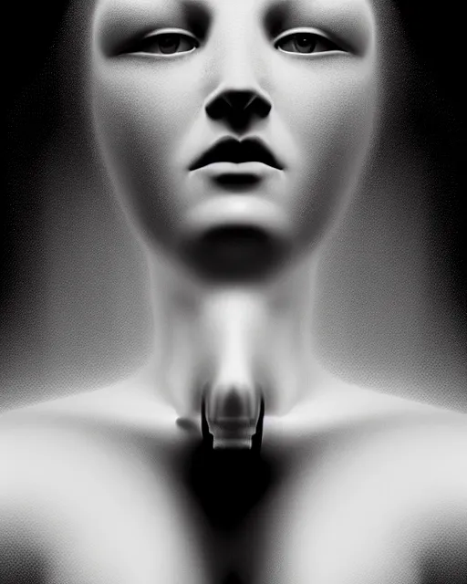 Image similar to dreamy, monochrome, subsurface scattering, white, cyborg goddess in cosmos, black and white, octane render, dino valls, virgil finlay, mark ryden, highly detailed, rim light, art, cinematic lighting, very coherent, hyper realism, 8 k