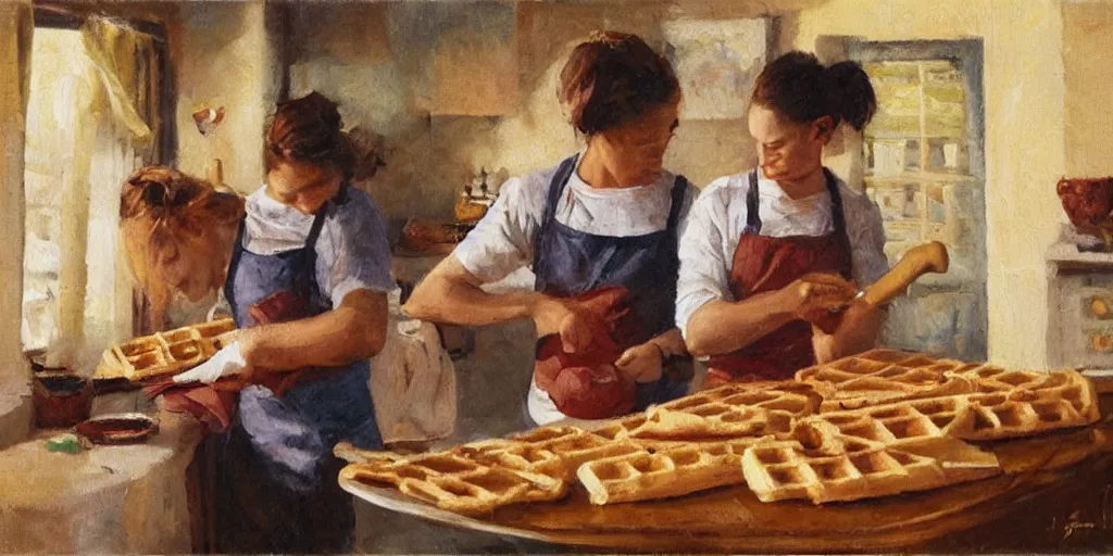 Prompt: A couple baking waffles together, oil painting, romantic