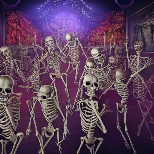 Image similar to photo, a giant crowd of realistic anatomically correct skeletons, dancing sensually with a multi-ethnic group of beautiful human women wearing intricate beatiful colorful rococo gowns, inside a hellish nightclub lit by candles and blue lasers