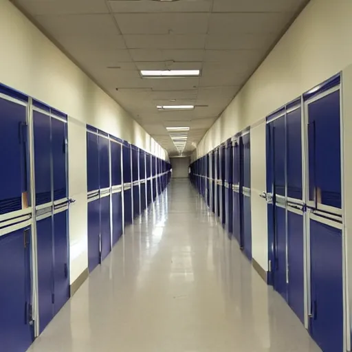 Prompt: a vast seemingly endless hallway leading to school classrooms