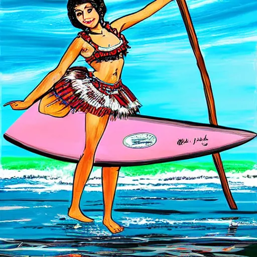 Image similar to The drawing depicts a young girl in a traditional hula outfit. She is standing on a surfboard in front of a beautiful ocean landscape. Versacci by Robert Williams, by Jim Mahfood atmospheric