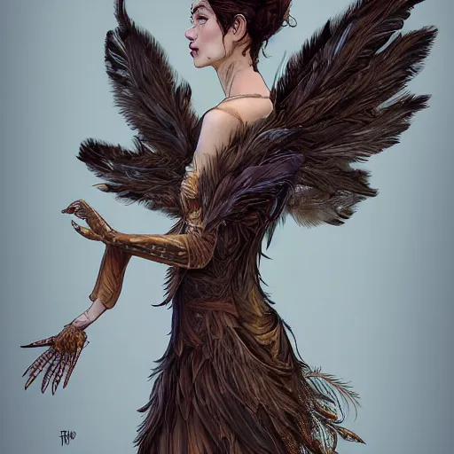 Prompt: , a woman with a golden crown shaped like the wings of a crow, she wears clothes made of feathers through which smoke and fog goes, intricate, elegant, highly detailed, digital painting, artstation, concept art, smooth, sharp focus, illustration, art by Terry Moore