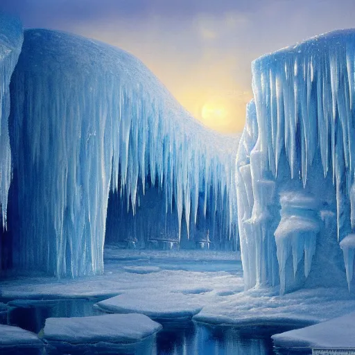 Image similar to hd wallpaper of ice castles in the north pole, trending on artstationhq, artwork by bob eggleton