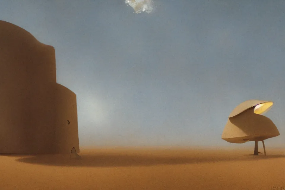 Prompt: a single seashell shaped house, standing in the middle of the desert by john harris