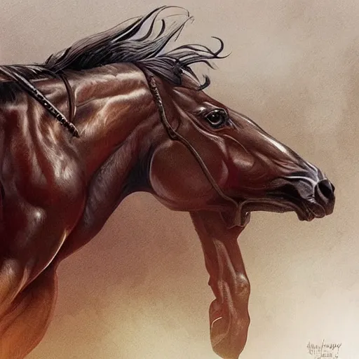 Prompt: an enormously muscular horse at a research facility doffed in leather, highly detailed, digital painting, artstation, concept art, illustration, art by artgerm and greg rutkowski and wlop