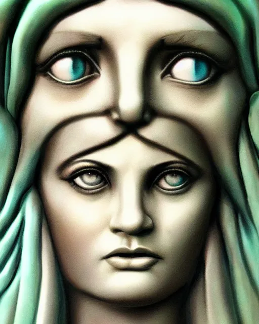 Image similar to photo portrait beautiful real woman as the statue of liberty hyper realistic face, beautiful eyes, hyper detailed, smooth