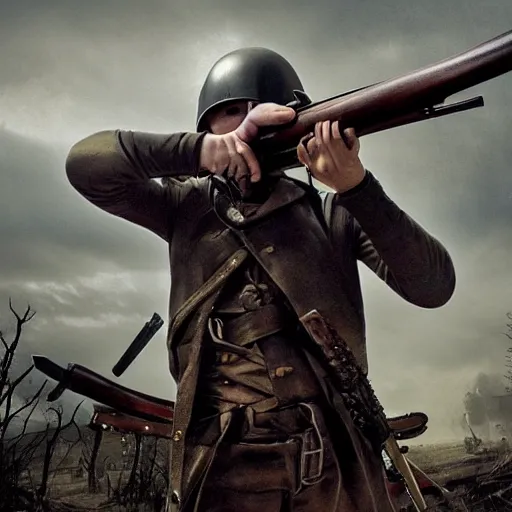 Prompt: Photo of a man wearing a combat helmet on his head aiming a musket, postapocalyptic
