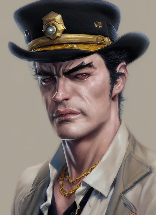 Image similar to Jotaro Kujo, closeup character portrait art by Donato Giancola, Craig Mullins, digital art, trending on artstation
