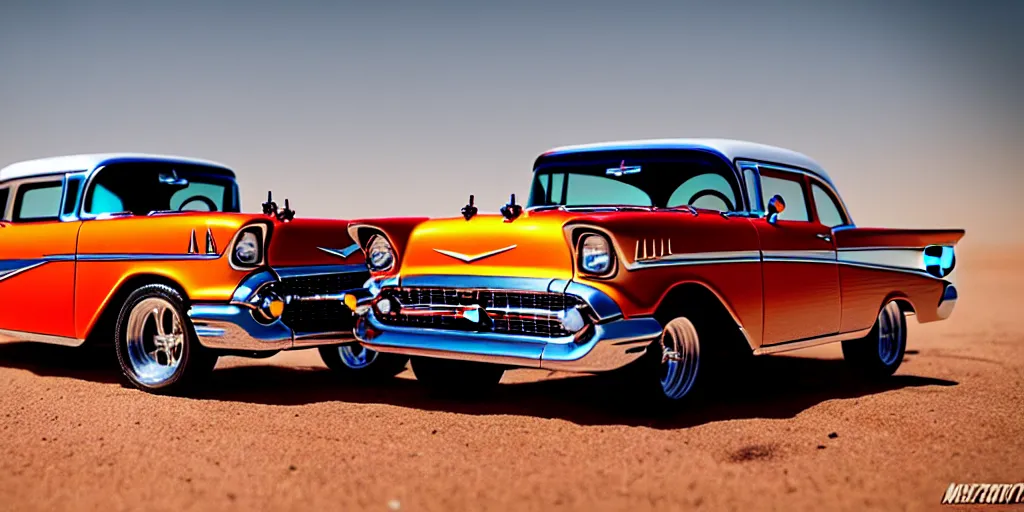 Image similar to Hot Wheels, 1957 Chevrolet Bel Air, lifted, 4x4, K10, trophy truck, cinematic, Maxxis, 8k, depth of field, mexican desert, bokeh, DAKAR.