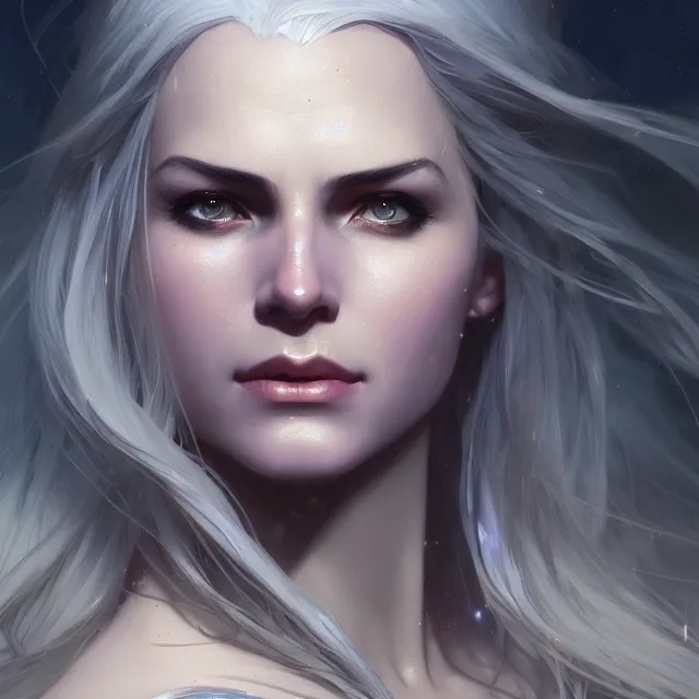 Image similar to close up portrait of a beautiful female witcher, shiny, glowing hair, subsurface scattering, artistic, magical background with light rays, fantasy atmosphere. art by artgerm, greg rutkowski and alphonse mucha, highly detailed, intricate, lifelike. sci - fi, fantasy, magical, octane render,