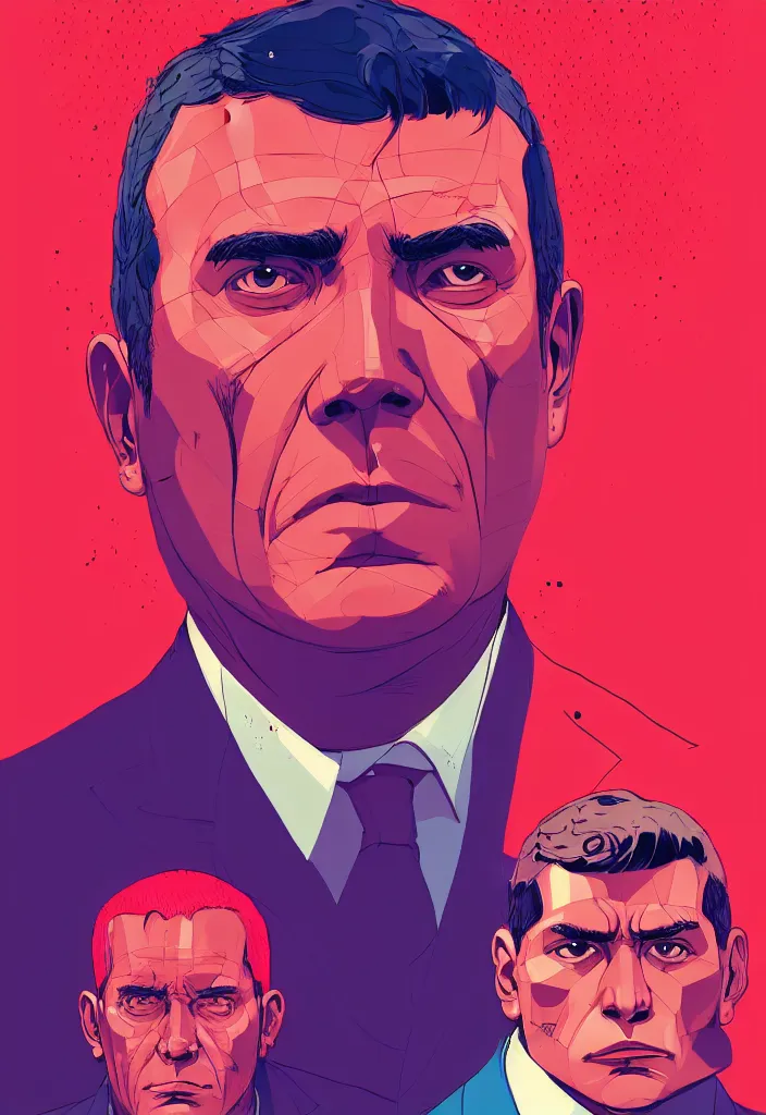 Prompt: Alan Garcia, president of peru, with a chiseled Jawline and serious Look, upper body portrait, in the Style of Tomer Hanuka and Victo Ngai and Atey Ghailan, rimlight, vibrant colors, hard shadows, Comic Cover Art, trending on artstation