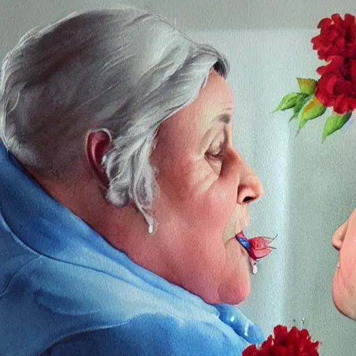 Image similar to a very funny stylize oil painting in modern style of a sweet fat old woman kissing her reflection. symmetry face, red mouth, blue eyes. flowery dress. hyper realistic scene. 3 d, octane render, deep focus, white scene. very funny and sweet image. unreal engine. watercolor. fellini style. klee style.