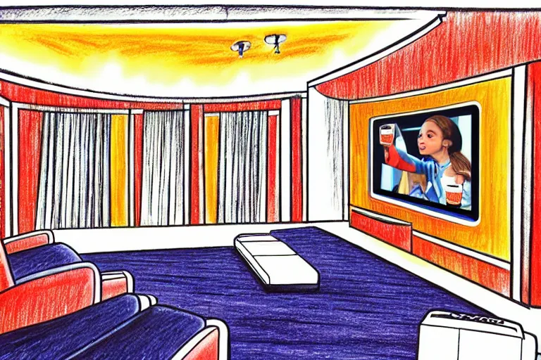 Image similar to wide view, a modern home movie theater with big screen, comfortable, stylish decor, popcorn machine!, movie posters!, very happy, interior designed by kelly wearstler, rough color pencil illustration