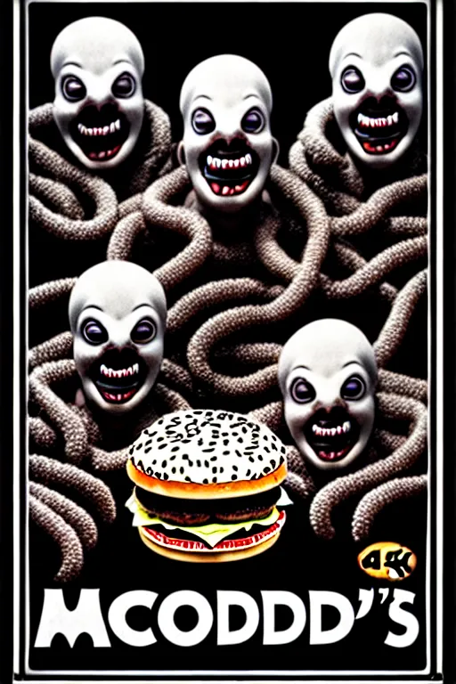 Image similar to mcdonald's horror retro tv advertisement poster, nightmare, big burger surrounded by worms, black and white, ultra realistic, 4 k, digital art, cinematic style of david kronenberg