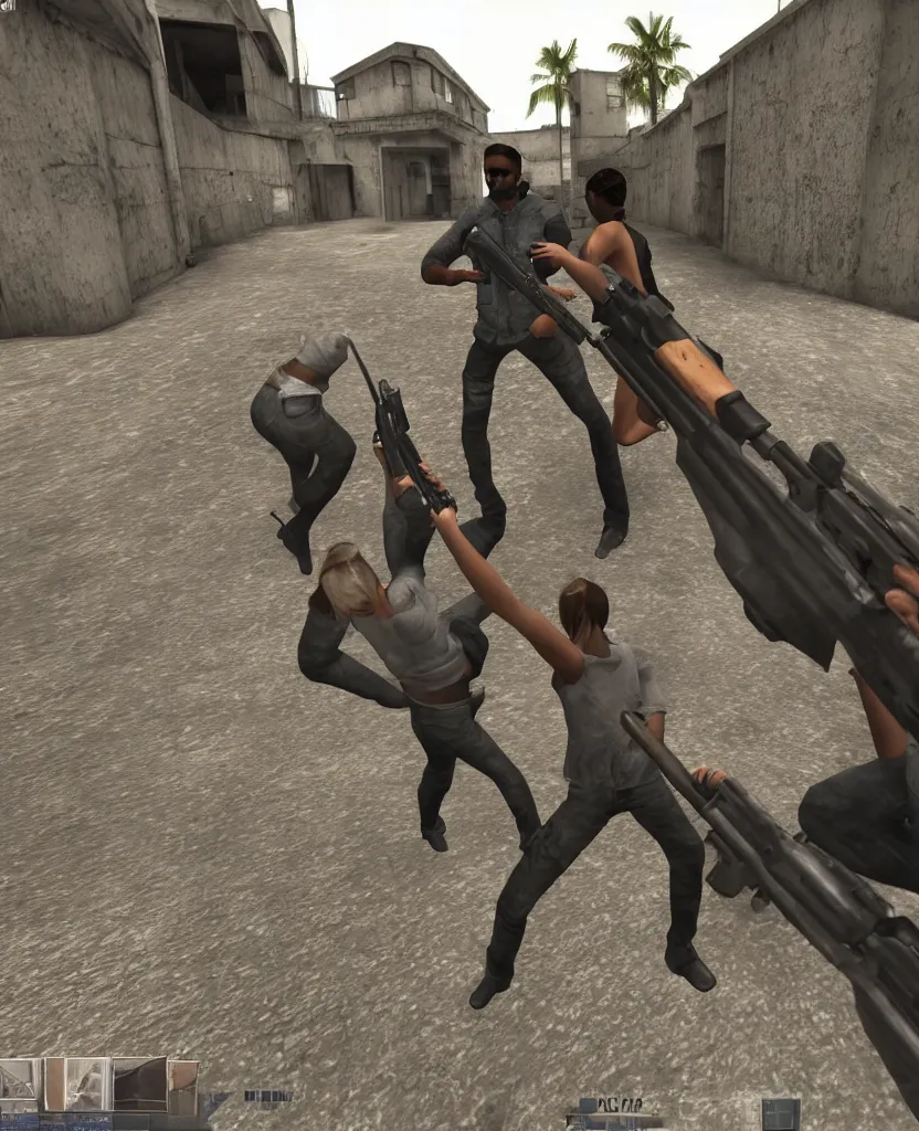 Prompt: young lovers dancing in in counter strike with ak 47 in their hands, first person shooter pov