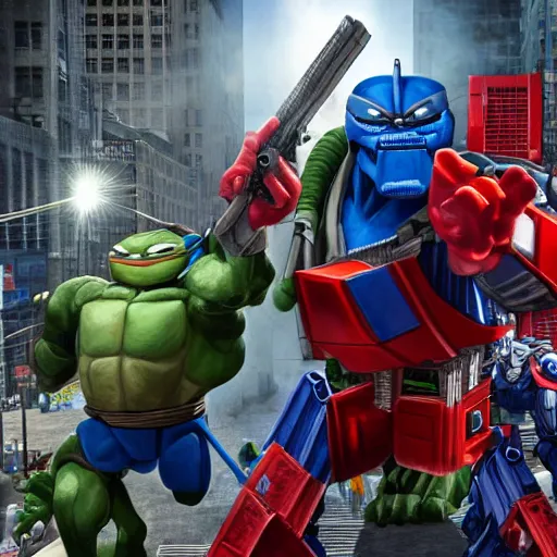 Image similar to optimus prime fights the teenage mutant ninja turtles in NYC, 4K, intricate detail,