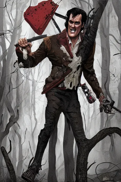 Image similar to bruce campbell as ash in sleepy hollow, full body, big two toned eyes, teeth gritted, horror, intricate details, cinematic, epic, realistic, anatomy, tomer hanuka, uplight, artstation, photorealistic, scary