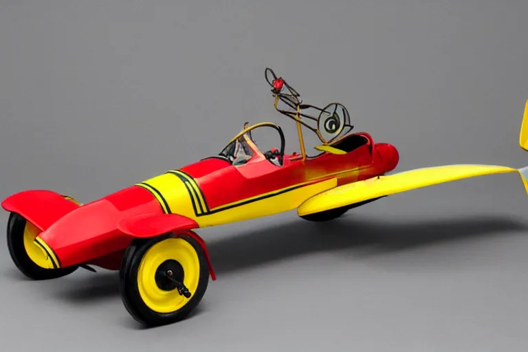 Prompt: a classic 1912 flying racing car, part boat with red and yellow wings and helicopter blades
