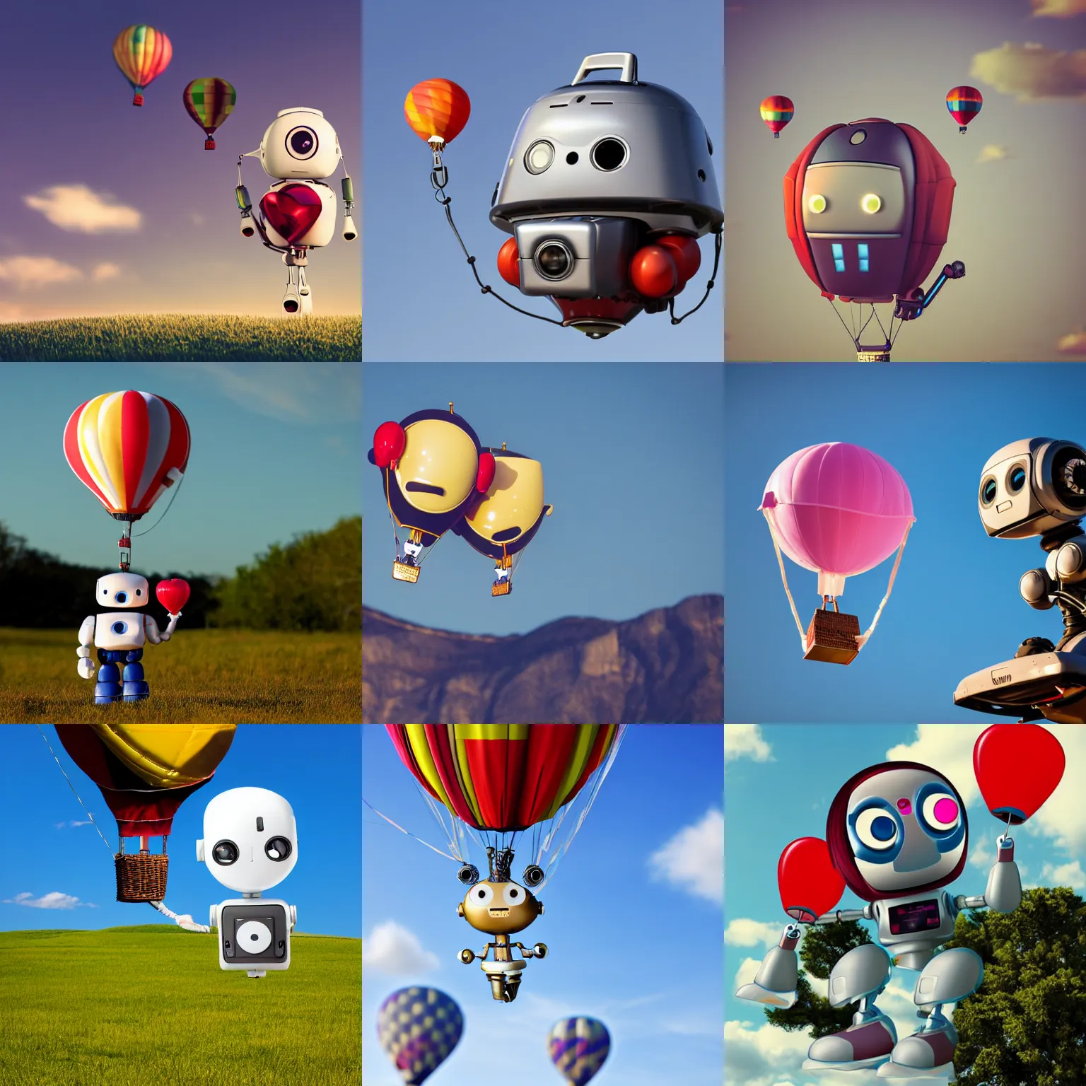 Prompt: canon eos photo of a cute adorable robot with an air balloon head floats in the sky