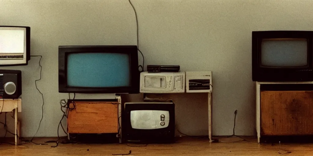 Prompt: an old CRT tv playing static in a dim cluttered room in the 90s