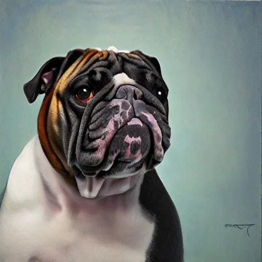 Image similar to a hyperrealistic portrait of an english bulldog as a gangster