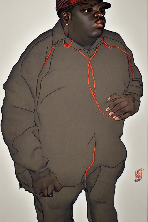 Image similar to a full body portrait of biggie smalls in style of egon schiele, masterpiece, hyperdetailed, complex, intricate, 4 k, trending on artstation