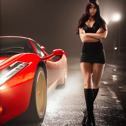 Image similar to Tifa Lockhart posing in front of a parked Ferrari, fog, rain, volumetric lighting, beautiful, golden hour, sharp focus, highly detailed, cgsociety