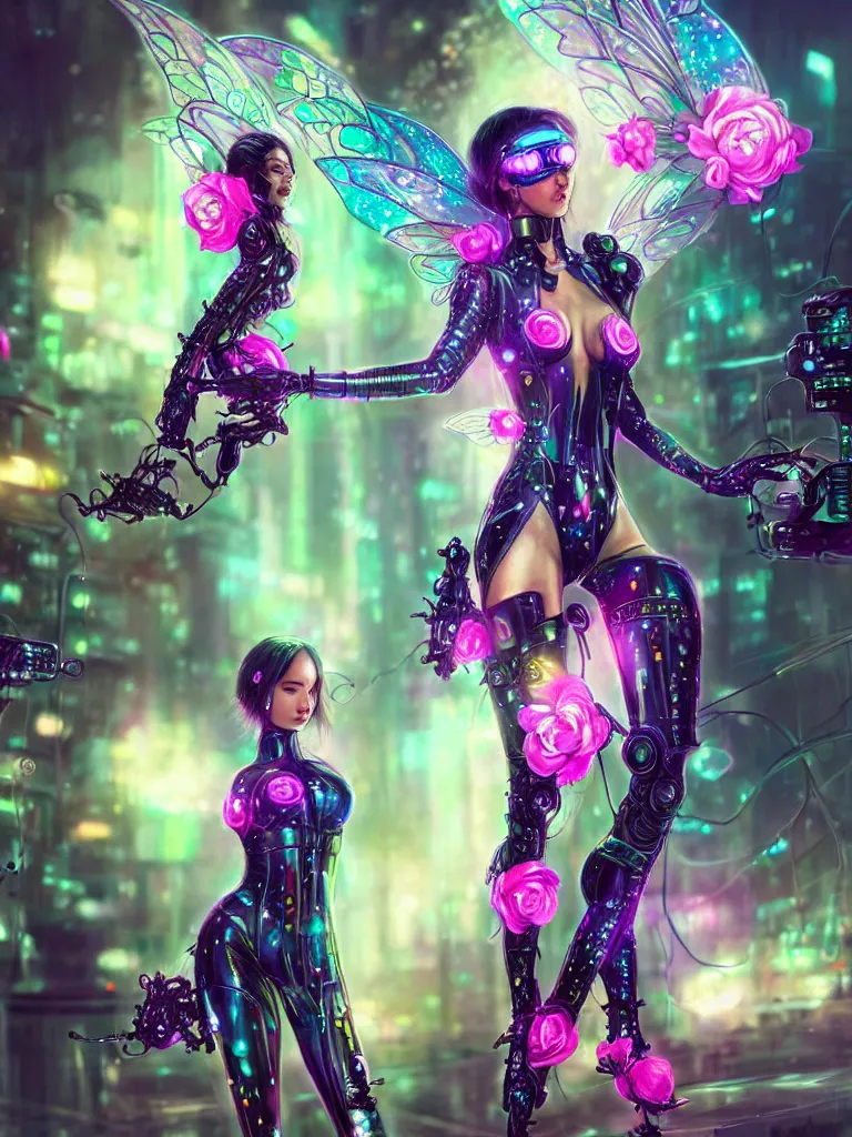 Image similar to one beautiful cyber fairy in a cyberpunk garden, in shiny cyberpunk biosuit, body covers with neon flowers, elegant pose, realistic digital painting, artgerm, sakimichan, huang guangjian