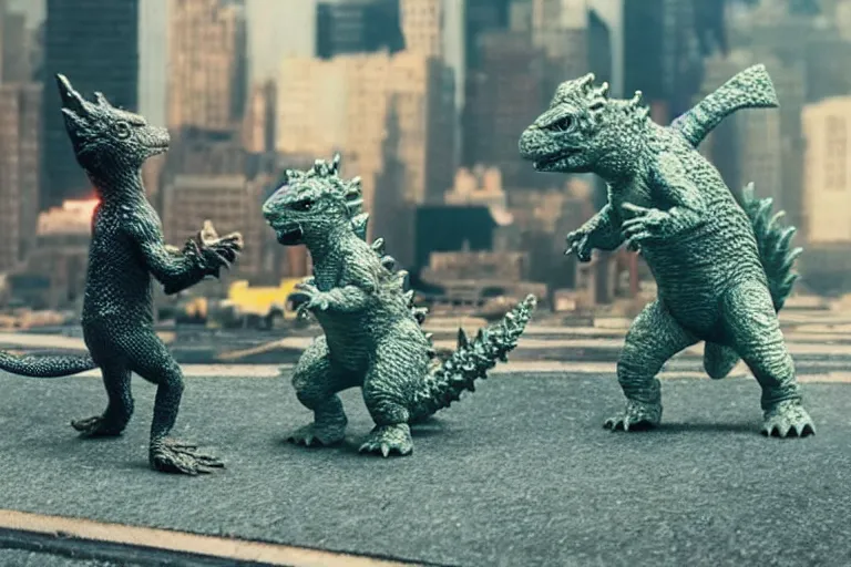 Image similar to film still of tiny godzilla fighting in a little model of new york city in the new godzilla ant man crossover movie, macro lens