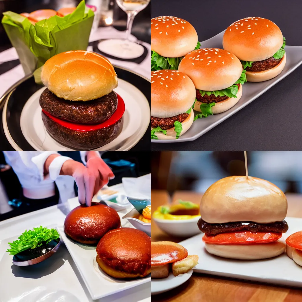 Prompt: hamburger with buns made of jello, michelin star restaurant 4K photo