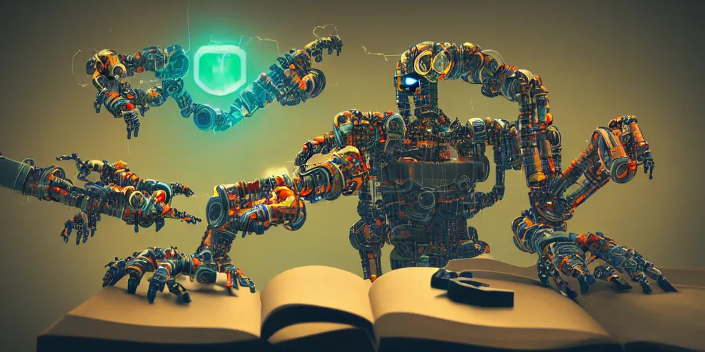 Image similar to A frightening multi armed evil robot devouring books with pipes and tubes and pages floating down, hyperealistic very colourful hdr cinematic lighting cgi render photorealistic cinematic octane render