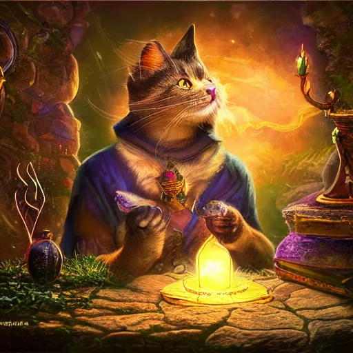 Prompt: fantasy cat casting a magic spell, high detail, fantasy art, concept art, 4 k, ultra detail, computer art