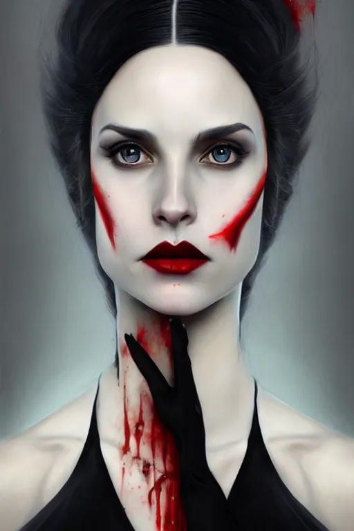 Image similar to a photorealistically painted portrait of lady vampire, dressed in a suit, perfectly symmetric face!!!, beautiful eyes!!, digital painting, concept art, minimal artifacts, volumetric lighting, Artgerm and William-Adolphe Bouguerea, in the style of Tom Bagshaw, trending on Artstation, award winning art