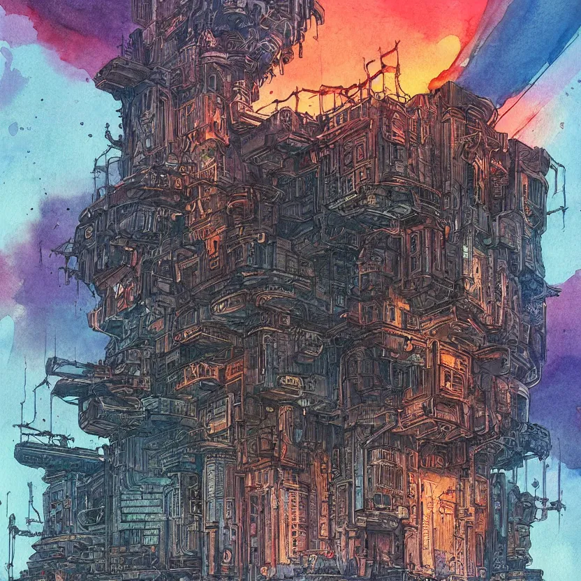 Image similar to a watercolor ink painting of a cyberpunk castle in the middle of a siege in the style of syd mead in the style of jean giraud trending on artstation deviantart pinterest detailed realistic hd 8 k high resolution