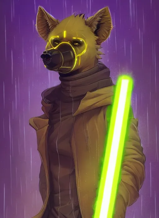 Image similar to beautiful portrait commission of a male furry anthro hyena fursona wearing cyberpunk jedi robes and wielding a yellow lightsaber in a cyberpunk city at night in the rain. character design by charlie bowater, ross tran, artgerm, and makoto shinkai, detailed, inked, western comic book art