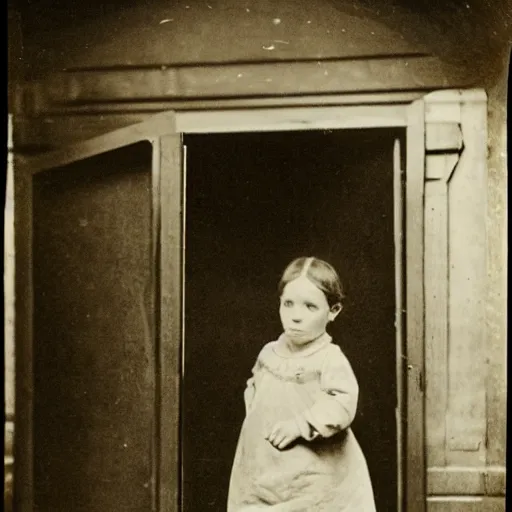 Image similar to an old photograph of a victorian child facing away from the camera, pointing at a glowing doorway