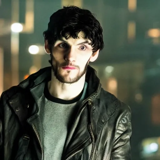 Image similar to Colin Morgan as Cyberpunk Merlin