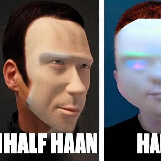 Prompt: half human half ai uncanny weird meme