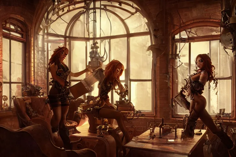 Prompt: beautiful women in the interior of a steampunk apartment, by Joe Madureira, 3d scene, render, ultra realistic, ray tracing, night time, volumetric light, artstation, cgsociety, level design, unreal engine, 3d scene, zenith view