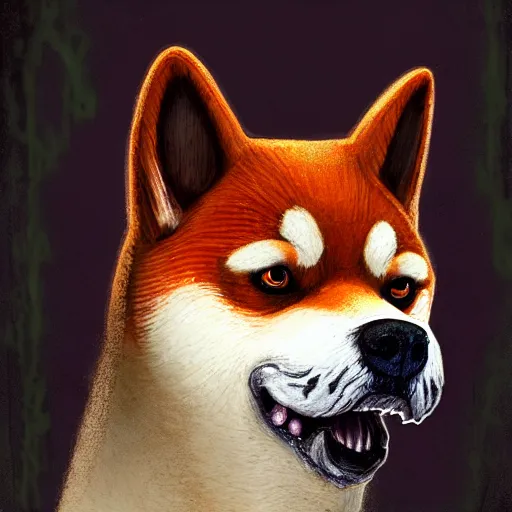 Image similar to color head portrait of shiba inu as a zombie, 7 days to die zombie, gritty background, fine art, award winning, intricate, elegant, sharp focus, cinematic lighting, digital painting, 8 k concept art, art by michael hussar, art by brom, art by guweiz and z. w. gu, 8 k